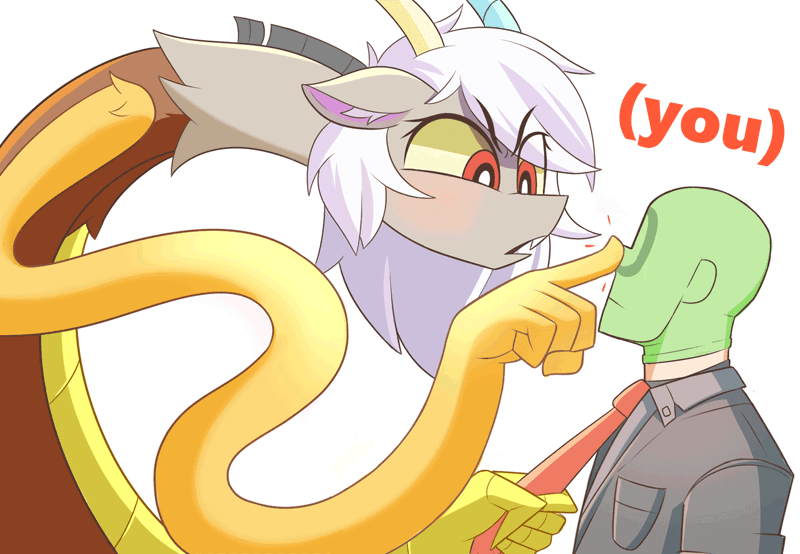 Size: 1331x921 | Tagged: safe, artist:nignogs, discord, oc, oc:anon, draconequus, human, (you), /mlp/, 4chan, animated, blushing, boop, elastic, eris, female, gif, image, looking at each other, male, noseboop, open mouth, pointing, pulling, reversed gender roles equestria, reversed gender roles equestria general, rule 63, simple background, white background