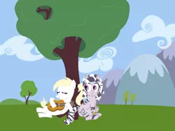Size: 1000x750 | Tagged: safe, oc, oc:luftkrieg, oc:zala, unofficial characters only, pegasus, pony, zebra, acoustic guitar, blonde, blonde mane, blonde tail, guitar, image, musical instrument, pegasus oc, png, singing, tree, wings, zebra oc