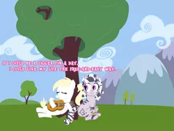 Size: 1000x750 | Tagged: safe, anonymous artist, oc, oc:luftkrieg, oc:zala, unofficial characters only, pegasus, pony, zebra, acoustic guitar, blonde, blonde mane, blonde tail, guitar, image, johnny rebel, musical instrument, pegasus oc, png, singing, text, tree, wings, zebra oc