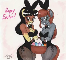 Size: 2274x2073 | Tagged: suggestive, artist:newyorkx3, derpibooru import, oc, oc:casey, oc:crystal, unofficial characters only, anthro, earth pony, anthro oc, bunny ears, bunny suit, clothes, earth pony oc, easter, female, holiday, image, jpeg, smiling, traditional art