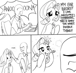 Size: 3640x3496 | Tagged: safe, artist:taytinabelle, derpibooru import, rarity, oc, oc:anon, human, pony, unicorn, black and white, comic, computer, crying, desk, dialogue, ear fluff, eye clipping through hair, female, funny, grayscale, grumpy, happy, high res, image, laptop computer, mare, meme, monochrome, necktie, office chair, png, ponified meme, silly, silly pony, smiling, text