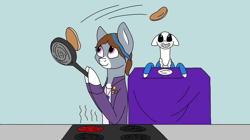 Size: 1280x720 | Tagged: safe, artist:shycookieq, derpibooru import, oc, ponified, earth pony, pony, base used, bone, clothes, cooking, duo, female, frying pan, grin, hoof hold, image, jpeg, male, mare, sans (undertale), skeleton, smiling, stallion, undertale