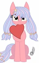 Size: 460x738 | Tagged: safe, artist:shycookieq, derpibooru import, oc, unofficial characters only, earth pony, pony, base used, earth pony oc, eyelashes, female, heart, heart pillow, image, jpeg, mare, mouth hold, pillow, signature, simple background, solo, white background