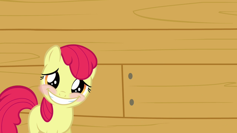 Size: 1280x720 | Tagged: safe, derpibooru import, edit, edited screencap, editor:slayerbvc, screencap, apple bloom, earth pony, pony, one bad apple, accessory-less edit, blushing, female, filly, grin, image, missing accessory, png, smiling, solo