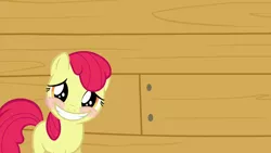 Size: 1280x720 | Tagged: safe, derpibooru import, edit, edited screencap, editor:slayerbvc, screencap, apple bloom, earth pony, pony, one bad apple, accessory-less edit, blushing, female, filly, grin, image, missing accessory, png, smiling, solo