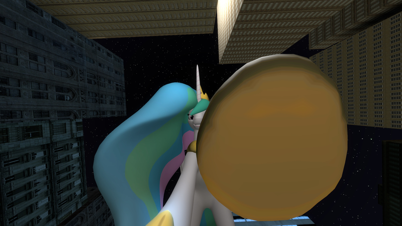 Size: 1024x576 | Tagged: safe, artist:gmodpon-e, derpibooru import, princess celestia, alicorn, pony, 3d, city, crush fetish, female, fetish, from below, giantlestia, gmod, hoof fetish, hoof focus, hoof shoe, image, imminent crushing, macro, mare, night, offscreen character, png, pov, smiling, solo, stars, underhoof