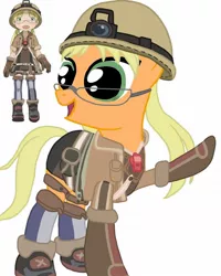 Size: 1080x1350 | Tagged: safe, artist:ponyrefaa, derpibooru import, ponified, earth pony, human, pony, boots, clothes, crossover, duo, female, glasses, helmet, image, jpeg, looking back, made in abyss, mare, mining helmet, open mouth, raised hoof, shoes, simple background, smiling, white background