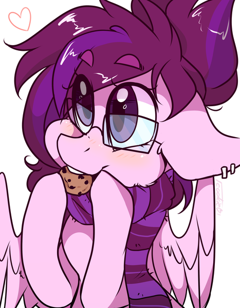 Size: 2893x3720 | Tagged: safe, artist:cookietasticx3, derpibooru import, oc, unofficial characters only, pegasus, pony, bust, clothes, cookie, ear piercing, earring, eating, female, food, glasses, heart, high res, image, jewelry, mare, pegasus oc, piercing, png, scarf, simple background, solo, white background, wings