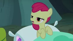 Size: 1280x720 | Tagged: safe, derpibooru import, edit, edited screencap, editor:slayerbvc, screencap, apple bloom, earth pony, pony, sleepless in ponyville, accessory-less edit, female, filly, image, missing accessory, pillow, png, sleeping bag, solo, tired