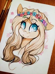 Size: 1200x1600 | Tagged: safe, artist:cookietasticx3, derpibooru import, oc, oc:winter star, unofficial characters only, pegasus, pony, bust, eyelashes, female, floral head wreath, flower, image, jpeg, mare, pegasus oc, smiling, solo, traditional art, wings
