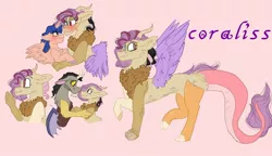 Size: 938x540 | Tagged: safe, artist:cocolove2176, derpibooru import, discord, oc, oc:coraliss rose, alicorn, draconequus, hybrid, pony, alicorn oc, blushing, bust, draconequus oc, female, horn, image, interspecies offspring, jpeg, male, oc x oc, offspring, parent:discord, parent:flash sentry, parent:fluttershy, parent:twilight sparkle, parents:discoshy, parents:flashlight, pink background, reference sheet, shipping, simple background, wings