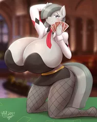 Size: 3110x3900 | Tagged: suggestive, artist:hyperstorm_h, derpibooru import, marble pie, anthro, earth pony, pony, unguligrade anthro, big breasts, blushing, breasts, busty marble pie, card game, clothes, digital art, dress, female, fishnets, high res, huge breasts, image, kneeling, looking at you, mare, necktie, one eye closed, png, poker, socks, solo, solo female, stockings, tail, thigh highs, thighs, wide hips