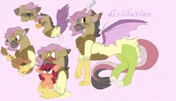 Size: 938x540 | Tagged: safe, artist:cocolove2176, derpibooru import, oc, oc:disillusion, unofficial characters only, draconequus, earth pony, hybrid, pony, bust, draconequus oc, earth pony oc, eyes closed, female, guitar, heterochromia, holding a pony, image, interspecies offspring, jpeg, male, musical instrument, offspring, parent:applejack, parent:discord, parent:fluttershy, parents:discoshy, pink background, reference sheet, simple background, sleeping