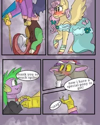 Size: 540x676 | Tagged: safe, artist:cocolove2176, derpibooru import, discord, fluttershy, spike, draconequus, dragon, pegasus, pony, comic:fluttering chaos, abstract background, blushing, bust, chest fluff, clothes, colored hooves, dialogue, dress, female, gala dress, hat, image, jpeg, male, mare, offscreen character, suit