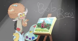 Size: 1080x565 | Tagged: safe, artist:cocolove2176, derpibooru import, discord, draconequus, what about discord?, afro, barn, blushing, bob ross, bust, canvas, clothes, image, jpeg, male, paintbrush, painting, palette, scene interpretation