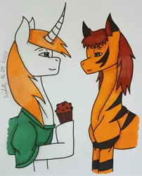 Size: 2467x3052 | Tagged: safe, artist:agdapl, derpibooru import, oc, unofficial characters only, earth pony, unicorn, clothes, cupcake, duo, earth pony oc, food, high res, hoof hold, horn, image, jpeg, male, raised hoof, signature, traditional art, unicorn oc