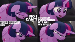 Size: 1280x720 | Tagged: safe, derpibooru import, edit, edited screencap, editor:quoterific, screencap, twilight sparkle, twilight sparkle (alicorn), alicorn, pony, my little pony: the movie, crying, female, image, jpeg, mare, open mouth, sad, solo