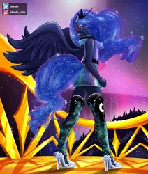 Size: 1000x1180 | Tagged: safe, artist:tiakaneko, derpibooru import, princess luna, alicorn, anthro, clothes, commission, crown, digital art, dress, female, high heels, horn, image, jewelry, jpeg, looking at you, looking back, looking back at you, rear view, regalia, shoes, socks, solo, solo female, spread wings, stockings, tail, thigh highs, wings