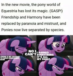 Size: 785x818 | Tagged: safe, artist:savemlp, derpibooru import, edit, edited screencap, editor:quoterific, screencap, twilight sparkle, twilight sparkle (alicorn), alicorn, pony, my little pony: the movie, spoiler:g5, art theft, caption, crying, delete this please, female, g5, g5 collapse of equestria, image, jpeg, mare, meme, meta, no i can't i ruined everything, op can't let go, op is a duck, op is wasting time, op isn't even trying anymore, op needs help, op needs to stop, open mouth, sad, solo, text, twitter