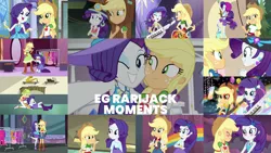 Size: 1280x721 | Tagged: safe, derpibooru import, edit, edited screencap, editor:quoterific, screencap, applejack, rarity, camping must-haves, dance magic, equestria girls, equestria girls (movie), equestria girls series, friendship games, happily ever after party, legend of everfree, lost and found, rainbow rocks, rollercoaster of friendship, shake your tail, super squad goals, spoiler:eqg series (season 2), spoiler:eqg specials, applejack's hat, bass guitar, belt, blushing, boots, bracelet, clothes, cowboy boots, cowboy hat, crossed arms, cute, cutie mark, cutie mark on clothes, denim skirt, dress, duo, duo female, eyes closed, female, geode of shielding, geode of super strength, hairpin, hat, helmet, high heels, image, jackabetes, jewelry, lesbian, magical geodes, musical instrument, necklace, one eye closed, open mouth, png, ponied up, raribetes, rarijack, rarity peplum dress, shipping, shoes, skirt, smiling, wink