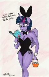 Size: 1833x2900 | Tagged: suggestive, artist:newyorkx3, banned from derpibooru, deleted from derpibooru, derpibooru import, twilight sparkle, twilight sparkle (alicorn), alicorn, anthro, pony, basket, book, breasts, bunny ears, bunny suit, busty twilight sparkle, clothes, easter, easter egg, female, holiday, horn, image, jpeg, mare, reading, simple background, solo, solo female, text, thighs, traditional art, wide hips, wings