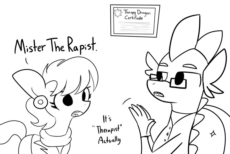 Size: 4096x2753 | Tagged: suggestive, artist:tjpones, deleted from derpibooru, derpibooru import, ms. harshwhinny, spike, dragon, earth pony, pony, adult, adult spike, black and white, diploma, female, glasses, grayscale, image, jpeg, lineart, male, mare, monochrome, older, older spike, simple background, therapist, white background, wordplay