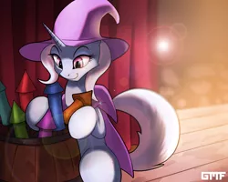 Size: 2500x2000 | Tagged: safe, artist:gasmaskfox, derpibooru import, trixie, pony, unicorn, cape, clothes, digital art, female, fireworks, hat, image, mare, png, smiling, stage, trixie's cape, trixie's hat