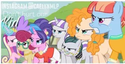 Size: 806x414 | Tagged: safe, artist:caelynmlp, derpibooru import, edit, edited screencap, screencap, cloudy quartz, cookie crumbles, pear butter, posey shy, princess cadance, twilight velvet, windy whistles, alicorn, earth pony, pegasus, pony, unicorn, slice of life (episode), awesome, badass, female, image, jpeg, like mother like daughter, like parent like child, mama bear, mom seven, mom six, mother and child, mother and daughter, spanish description