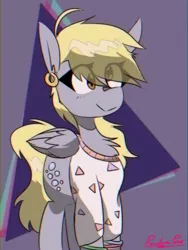 Size: 900x1200 | Tagged: safe, artist:provolonepone, derpibooru import, derpy hooves, pegasus, pony, 80s, chest fluff, clothes, cutie mark, ear piercing, earring, female, image, jewelry, mare, piercing, png, solo