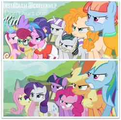 Size: 650x644 | Tagged: safe, artist:caelynmlp, derpibooru import, edit, edited screencap, screencap, applejack, cloudy quartz, cookie crumbles, fluttershy, pear butter, pinkie pie, posey shy, princess cadance, rainbow dash, rarity, twilight sparkle, twilight sparkle (alicorn), twilight velvet, windy whistles, alicorn, earth pony, pegasus, pony, unicorn, slice of life (episode), awesome, badass, female, image, like mother like daughter, like parent like child, mama bear, mane six, mom seven, mom six, mother and child, mother and daughter, png, spanish description