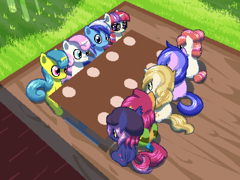 Size: 800x600 | Tagged: safe, artist:rangelost, derpibooru import, lemon hearts, minuette, moondancer, moondancer's sister, morning roast, sea swirl, seafoam, sweet biscuit, twinkleshine, oc, oc:moonflower, oc:trailblazer, bat pony, earth pony, pony, unicorn, cyoa:d20 pony, bag, bat pony oc, bat wings, cap, female, grass, hat, image, mare, outdoors, png, saddle bag, table, terrace, wings