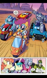 Size: 1200x2000 | Tagged: safe, artist:caseycoller, derpibooru import, idw, aunt holiday, auntie lofty, scootaloo, earth pony, pegasus, pony, spoiler:comic, spoiler:friendship in disguise, arcee, autobot, female, filly, gauge, greenlight, grindcore, hot rod, hot shot, image, jpeg, male, mare, mini-con, rodimus, rubble, the magic of cybertron, transformers, wreck-gar