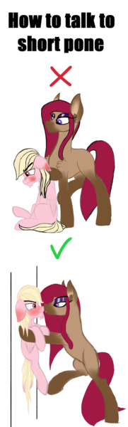 Size: 1755x5805 | Tagged: safe, artist:justapone, derpibooru import, oc, oc:heart struck, oc:strawberry sand, pegasus, pony, saddle arabian, against wall, angry, blushing, blushing profusely, colored, duo, ear fluff, embarrassed, female, how to talk to short people, image, looking down, looking into each others eyes, male, mare, pegasus oc, png, raised leg, red eyes, saddle arabian oc, simple background, size difference, smaller male, smiling, stallion, tall, taunting, tongue out, unshorn fetlocks, white background, wings