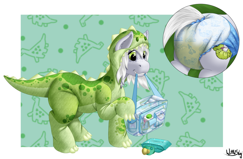 Size: 4978x3258 | Tagged: questionable, artist:wittleskaj, derpibooru import, oc, oc:fossil fluster, earth pony, pony, baby wipes, clothes, costume, diaper, diaper bag, diaper fetish, fetish, image, kigurumi, onesie, pacifier, png, urine, wet diaper