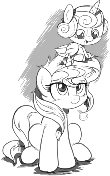 Size: 749x1200 | Tagged: safe, artist:nauyaco, derpibooru import, princess flurry heart, sunset shimmer, alicorn, pony, unicorn, baby, baby pony, duo, duo female, female, image, mare, monochrome, png, pony hat