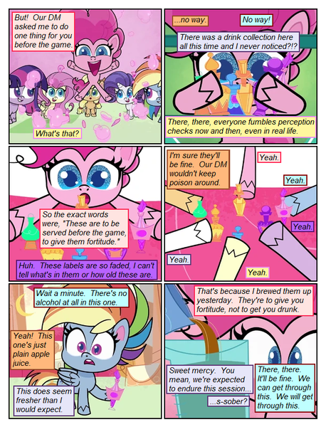 Size: 612x802 | Tagged: safe, artist:winged cat, derpibooru import, edit, edited screencap, screencap, applejack, fluttershy, pinkie pie, rainbow dash, rarity, twilight sparkle, twilight sparkle (alicorn), alicorn, earth pony, pegasus, pony, unicorn, comic:friendship is dragons, my little pony: pony life, princess probz, spoiler:pony life s01e01, collaboration, comic, d:, dialogue, eyelashes, female, image, looking back, mane six, mare, offscreen character, open mouth, png, potion, potions, screencap comic, smiling, sugarcube corner, wings