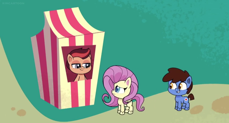 Size: 1360x732 | Tagged: safe, derpibooru import, screencap, fluttershy, unnamed character, unnamed pony, earth pony, pegasus, pony, my little pony: pony life, spoiler:pony life s02e18, background pony, bedroom eyes, bipedal, booth, communication shakedown, crystal empire carnival, cutie mark, female, image, male, mare, png, smiling, stallion, teeth, trio