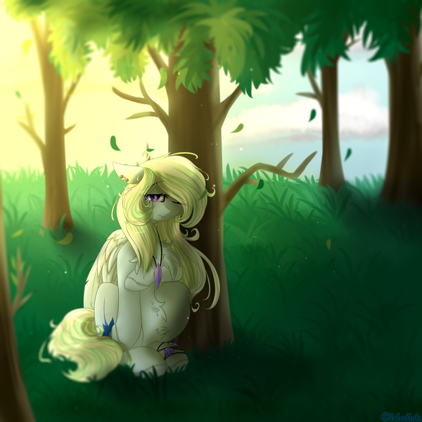 Size: 2449x2449 | Tagged: safe, artist:mediasmile666, derpibooru import, oc, unofficial characters only, pegasus, pony, cloud, ear piercing, evening, female, floppy ears, grass, image, jewelry, mare, pendant, piercing, png, sky, solo, tree