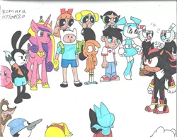 Size: 1280x995 | Tagged: safe, artist:cmara, derpibooru import, princess cadance, adventure time, blossom (powerpuff girls), bubbles (powerpuff girls), buttercup (powerpuff girls), crossover, cuphead, danny phantom, epic mickey, image, jenny wakeman, jpeg, kirby (character), mao mao: heroes of pure heart, mass crossover, my life as a teenage robot, regular show, simple background, sonic the hedgehog, sonic the hedgehog (series), star butterfly, star vs the forces of evil, the powerpuff girls, wander over yonder, wander (wander over yonder), we bare bears