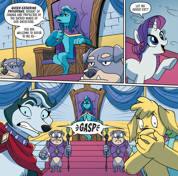 Size: 1832x1812 | Tagged: safe, artist:briannacherrygarcia, derpibooru import, idw, rarity, diamond dog, pony, unicorn, spoiler:comic, spoiler:comicannual2021, clothes, collar, covering mouth, female, female diamond dog, fiona floppyears, gasp, guard, image, indiana embereyes, katherina proudpaws, male, mare, png, queen, royalty, scepter, season 10, sitting, throne, vest