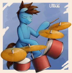 Size: 1900x1950 | Tagged: safe, artist:uliovka, derpibooru import, oc, unofficial characters only, pony, drums, drumsticks, hoof hold, image, male, musical instrument, png, solo, stallion
