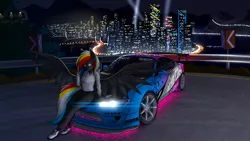 Size: 2560x1440 | Tagged: safe, artist:skanim-sdw, derpibooru import, oc, oc:darky wings, unofficial characters only, anthro, pegasus, plantigrade anthro, pony, car, city, clothes, female, image, lights, neon, night, night city, nissan silvia, png, tires