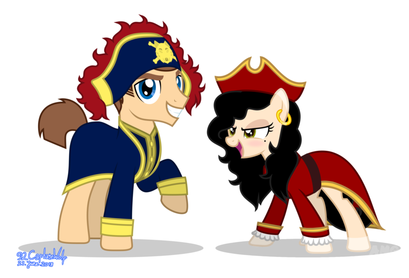 Size: 2501x1701 | Tagged: safe, artist:92captainwolf, derpibooru import, oc, oc:amgi, oc:applewolf, unofficial characters only, pony, female, image, male, mare, pirate outfit, png, simple background, stallion, transparent background