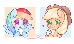 Size: 1014x612 | Tagged: safe, artist:草莓三色团, derpibooru import, applejack, rainbow dash, earth pony, pegasus, pony, appledash, blushing, cute, female, hat, image, jpeg, lesbian, love, paper cup, shipping, simple background, wings