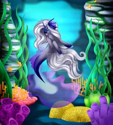 Size: 1280x1414 | Tagged: safe, artist:ashestoashkar, derpibooru import, oc, unofficial characters only, hybrid, merpony, seapony (g4), starfish, clothes, commission, coral, deviantart watermark, dorsal fin, fish tail, flowing mane, image, jpeg, long mane, obtrusive watermark, ocean, open mouth, seaweed, see-through, solo, tail, underwater, water, watermark