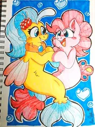 Size: 500x666 | Tagged: safe, artist:raystarkitty, derpibooru import, pinkie pie, princess skystar, earth pony, pony, seapony (g4), my little pony: the movie, blue eyes, blushing, bubble, female, fin wings, fins, fish tail, flower, flower in hair, flowing tail, freckles, heart bubbles, image, jewelry, jpeg, lesbian, looking at each other, necklace, notebook, open mouth, seaponified, seapony pinkie pie, shipping, skypie, smiling, species swap, tail, traditional art, underwater, water, wings