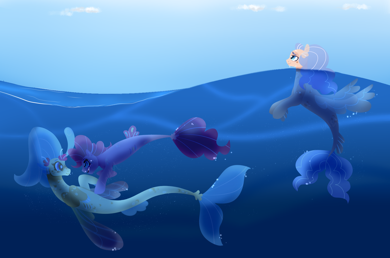 Size: 1673x1108 | Tagged: safe, artist:iouise, derpibooru import, pinkie pie, princess skystar, oc, earth pony, pegasus, pony, seapony (g4), my little pony: the movie, blue eyes, bubble, clothes, female, fin wings, fins, fish tail, flower, flower in hair, flowing tail, freckles, image, lesbian, looking at each other, looking up, open mouth, png, seaponified, seapony pinkie pie, see-through, shipping, sky, skypie, smiling, species swap, tail, underwater, water, wings