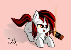 Size: 2560x1817 | Tagged: safe, derpibooru import, oc, oc:blackjack, unofficial characters only, pony, unicorn, fallout equestria, fallout equestria: project horizons, alcohol, fanfic art, horn, image, jpeg, small horn, solo, trap (device), whiskey