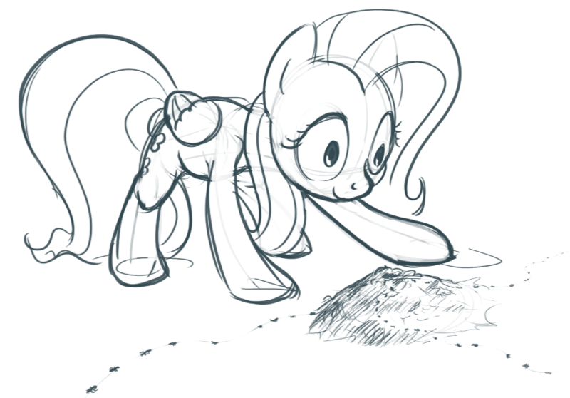 Size: 882x615 | Tagged: safe, fluttershy, ant, insect, pegasus, pony, anthill, ants, crouching, female, image, png, solo, stare, thousand yard stare, wide eyes