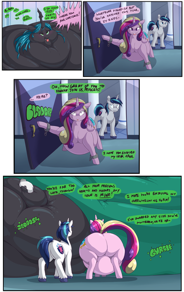 Size: 4450x7050 | Tagged: questionable, artist:graphenescloset, artist:sirmasterdufel, derpibooru import, princess cadance, queen chrysalis, shining armor, changeling, pony, series:chrysalis hearts and hooves drive, belly, big belly, bingo wings, blob, blushing, bugbutt, butt, changeling overfeeding, chubby cheeks, clothes, collaboration, double chin, eyes closed, fat, female, flabby chest, floating heart, heart, huge belly, huge butt, image, immobile, impossibly large belly, impossibly large butt, impossibly large everything, impossibly large thighs, impossibly obese, large butt, lovebutt, male, mare, morbidly obese, neck roll, obese, open mouth, png, princess decadence, queen chrysalard, ripping clothes, rolls of fat, socks, solo, speech bubble, stallion, stockings, stomach noise, text, the ass was fat, thigh highs, thighs, thunder thighs, tongue out, torn clothes, underhoof, weight gain, weight gain sequence